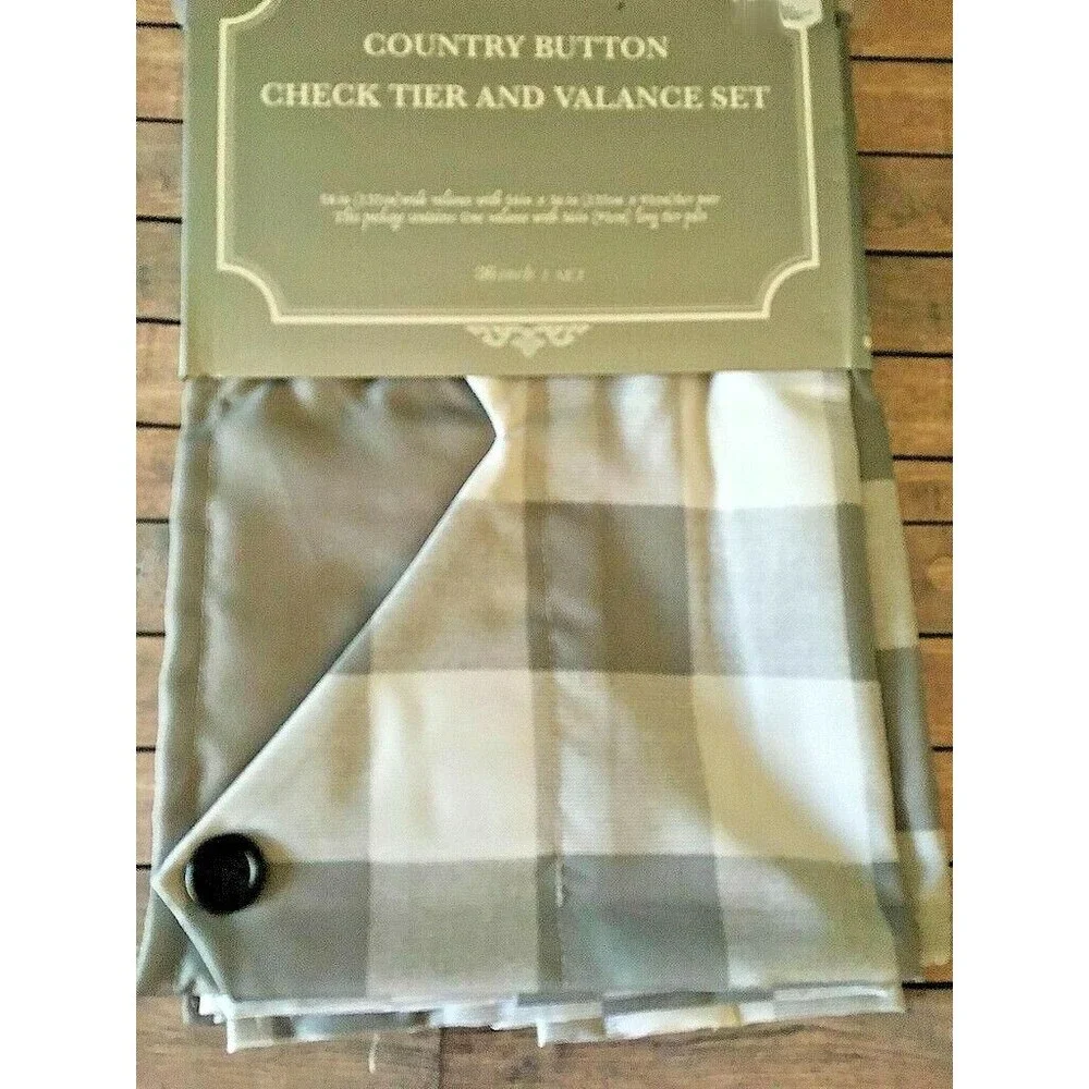 Nantucket Star Point Valance Tier Curtain Set Country Button Buffalo Check Gray